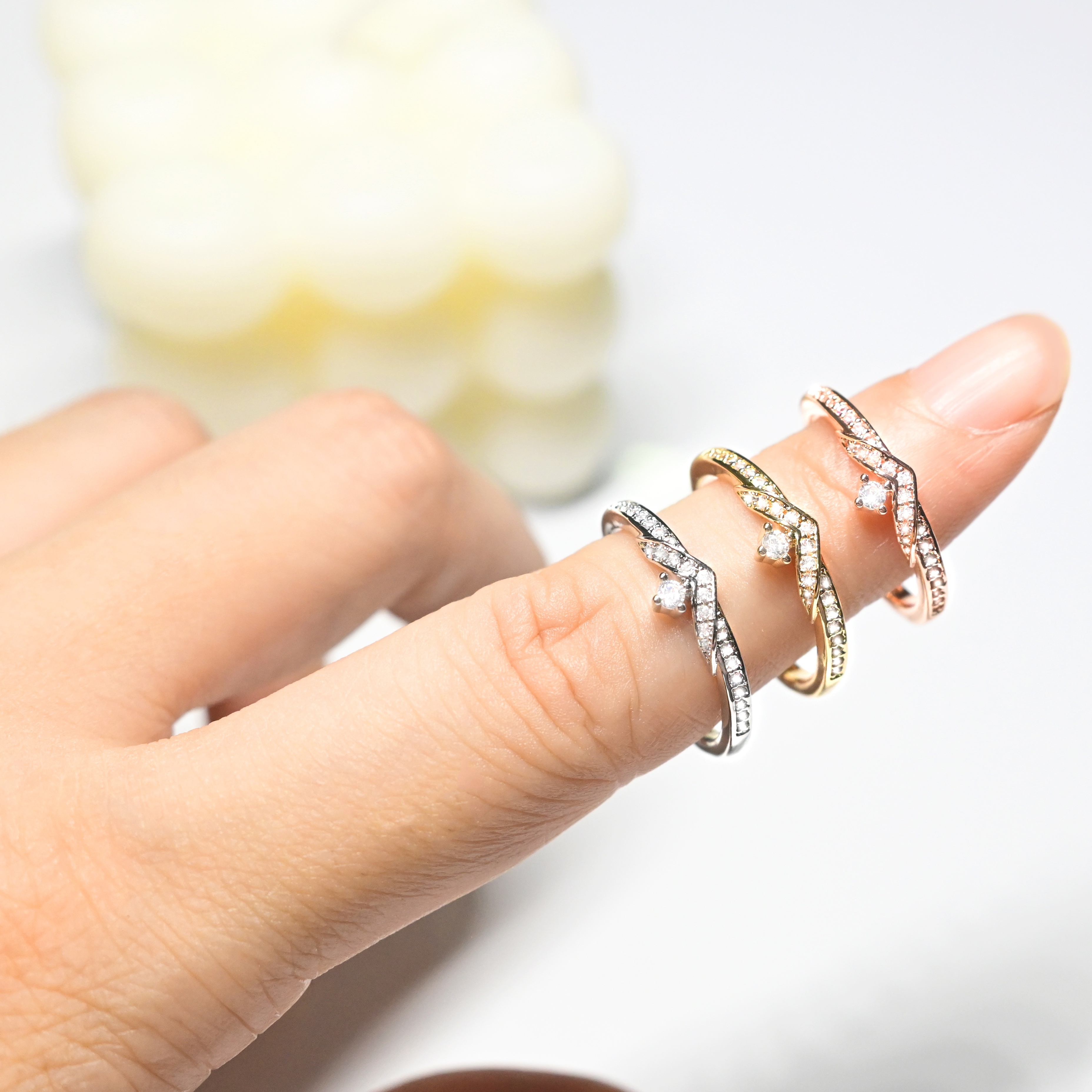 Adjustable CZ Classic Ring Rose/Silver Color